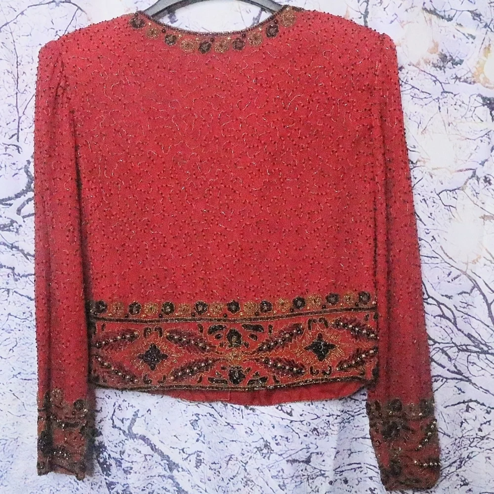 RED BEADED JACKET L Lawrence Kazar Vintage 80s 90s Formal 100% Silk Fall Winter - Picture 3 of 9